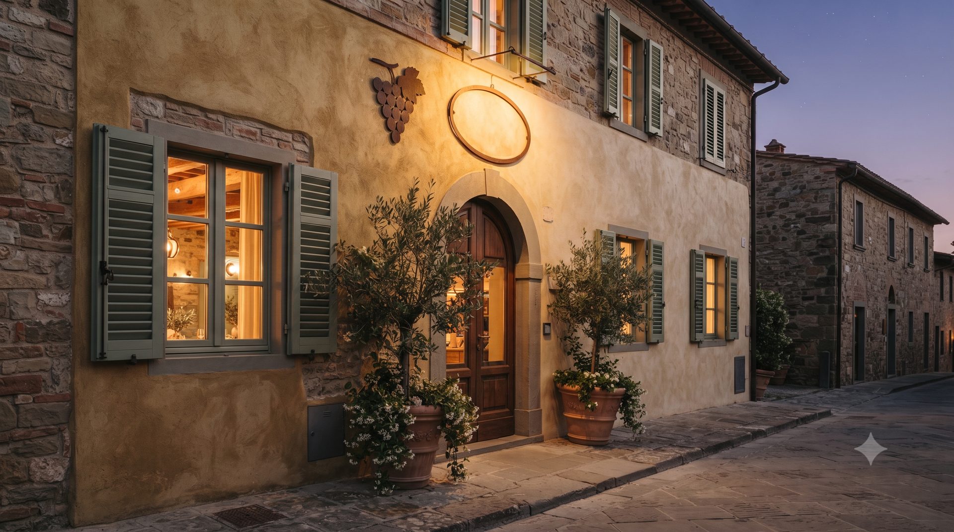 La facciata dell'osteria in una sera d'estate